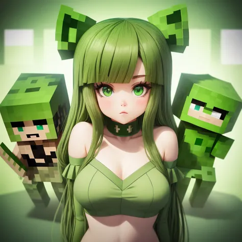 Creeper minecraft ,quadrado verde realista ,toques afeminados pernas macias , calcinha apertada no cuzinho , piroca bonita e quadrada verde, olhos e bocas mais animes 2d