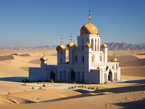 Orthodox russian church built from sandatone in medieval arabic style in the desert oasis