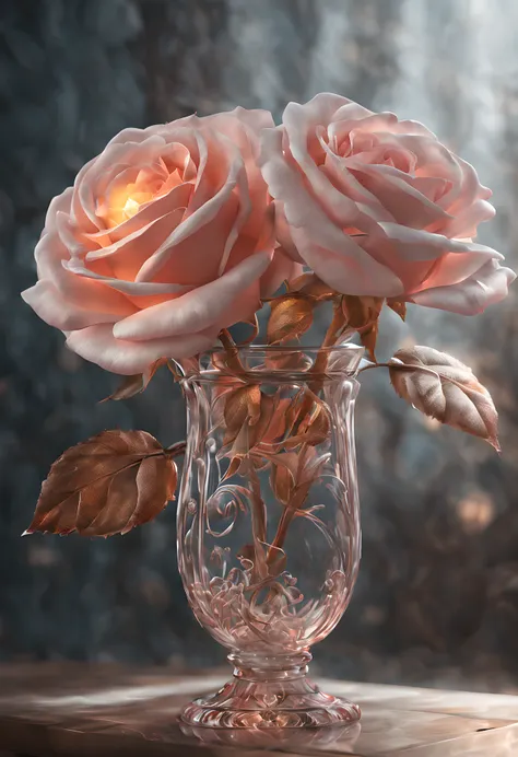 there is a glass vase with a rose in it on a table, a 3d render by nikita veprikov, behance contest winner, romanticism, beautif...