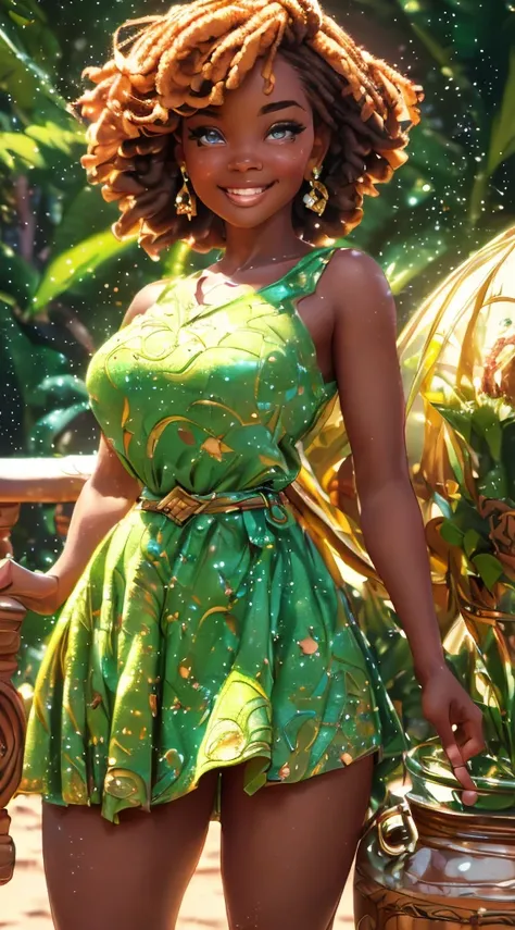 ((African American girl)), (short braided hair), (Tinkerbell Waifu:1), smile, cute, looking at the viewer, thick thighs, (strapless green dress:1), (fairy wingocus on breasts:1.2), (realistic: 1.2), (realism), (masterpiece: 1.2), (best quality), (ultra-det...