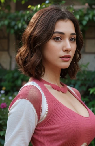 beautiful gorgeous glorious bollywood actress, standing in garden, wearing knitted bodycon dress, pretty face, beautiful glorious face, very fine face details, bright eyes, red lipstick, thin nose, burgundy hair, bob cut, curls, big natural alluring breast...