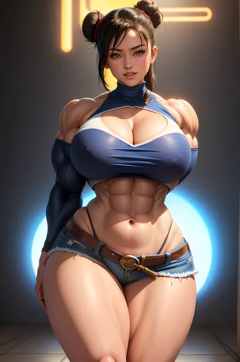 Chun Li (smiling) Street Fighter wearing ripped lowrider jeans and a crop top, art by Artgerm, anime half-body portrait of a model ((HH-size breasts, very Thick thighs, athletic build, feminine form, lythe body, black hair, twin buns, 20 years old, youthfu...