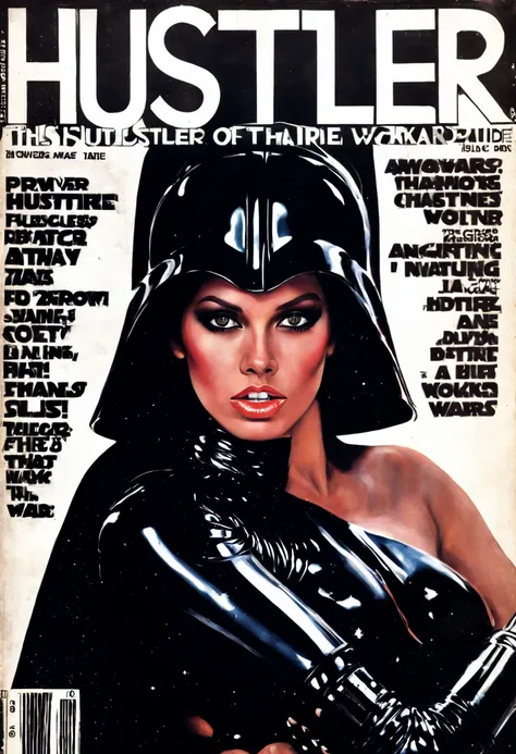 Seductive, empowered portraits glowing with diversity and allure - this hustler magazine cover,1girl as (dath vader:1.15),sexy pose, january 1975 ,upper body, masterpiece, (portrait:1.1),70s, natural face, star wars style, lightsaber, black, mask,, reclaim...