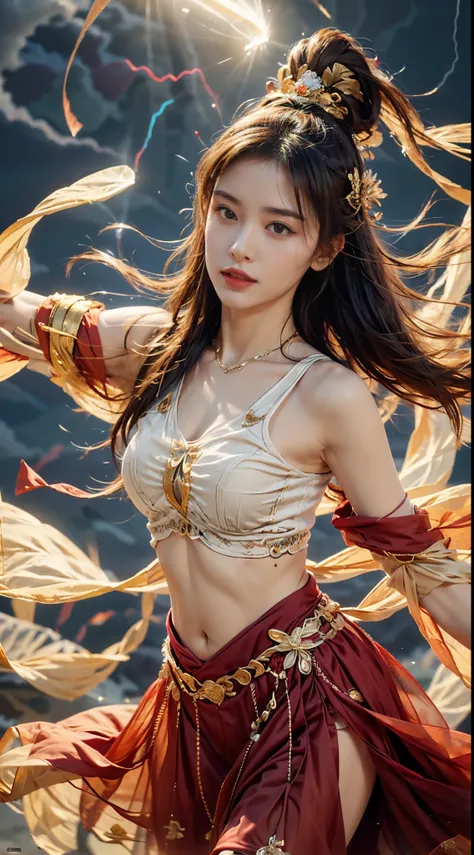 Women in Hanfu in Song Dynasty, Her red Songmo headdress flutters in the wind, Her swordsmanship is agile and powerful, As if ready to leap into the air at any time. Lets go: Every sword dance move she makes is full of energy and power, Her hair flew wildl...