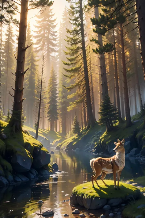 (best quality,4k,highres),detailed forest scene,rocks in feld,tall grass,big trees,shining stars(Mars showing),confused deer and wolf. River