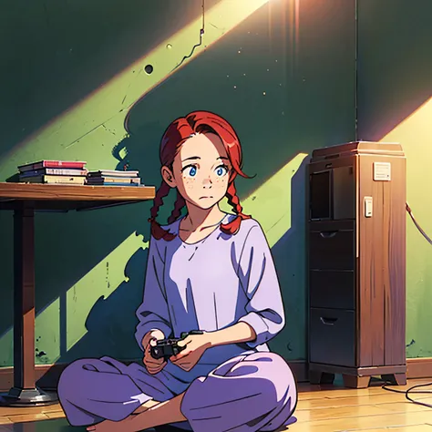 (One girl) (Red hair, Twin braids) (Forehead:1.1) freckle (Blue eyes) (13 years old) ((Light Purple Dress)) (Indian style, Sitting) (game controller in both hands) (dim room) (Pale green wall) (lighting side) (cold lighting)