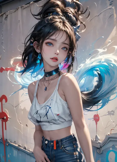 tmasterpiece， Best quality at best， 1 Sister， 独奏， short crop top， denim short， choker necklace， （scribbles：1.5）， paint splatter， place ones arms behind ones back， against a wall， looking at viewert， armlets， thigh band， Paint on the body， tilt of the head，...