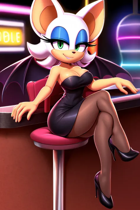 full body, Rouge the Bat, no wings on her back, green eyes, seductive, medium breast, bare shoulder, strapless, little black dress, skin-tight dress, black high heels, nightclub background, smile, sitting on a chair, bar, neon lights, looking at viewer, hi...