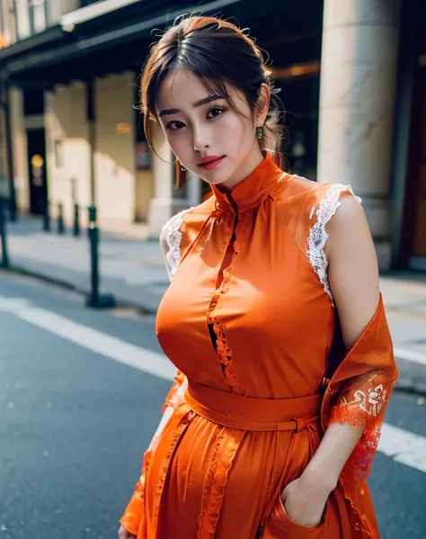 A woman posing on a street corner in a black dress, Best quality at best, A high resolution, 8K, 1个Giant Breast Girl, (humongous large breast), daysies, bright, En plein air, (the street:0.8), (people, crowd of:1), (lace trimmed dresses:1.5, Light orange c...