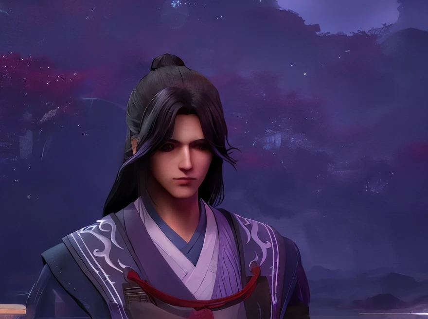 Close-up of a man wearing purple clothes standing in a field, heise jinyao, xianxia hero, GameCG, full-body wuxia, bian lian, 《Genshin Impact》Zhongli in Zhongli, wuxia, inspired by Wu Daozi, Inspired by Huang Shen, zhao yun, cai xukun