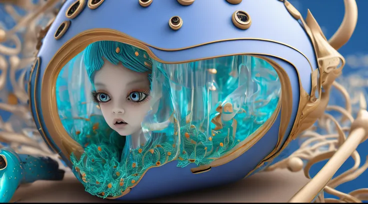 Robot girl in blue colors, in the style of hyperrealistic environments, colorful biomorphic forms, 32k UHD, Hector Guimard, translucent layers, close-up, mechanical designs, AR