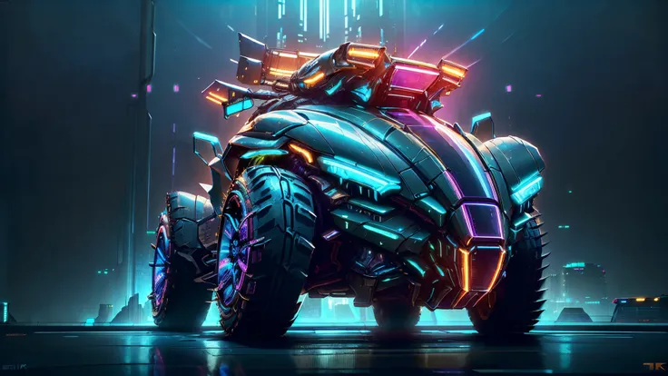 (CyberPunkAI:1.2), (BugattiAI:0.4), (sleek symmetrical futuristic sports car:1.2) with a futuristic weapon mount, (iridescent blue:1.4) paint, (city background, at night:1.4), highly detailed rims, (glowing rims:1.2), (intricate details, golden ratio, mast...