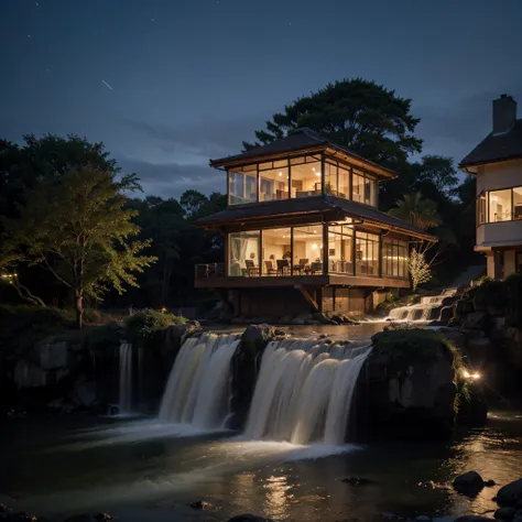 2 beautiful glass house on waterfall in the midnight time at christmas