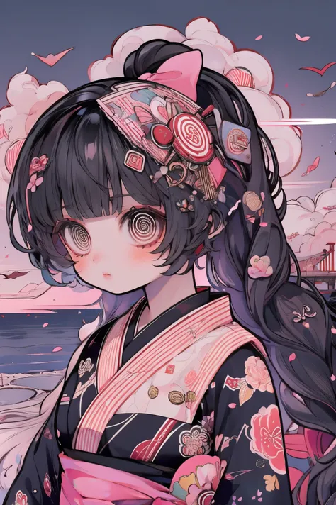1girl,black hair, floating hair, seaside,scenery,landscape,cherry blossoms, falling petals, sunbeam,god rays,upper body, RENGE,DRESS,KIMONO