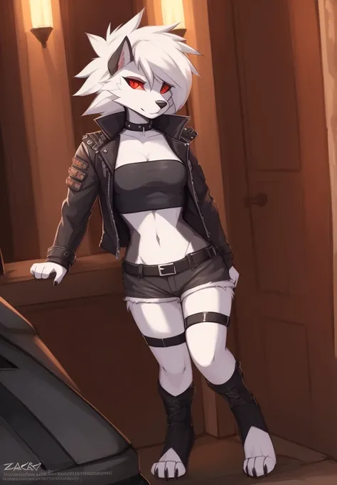 zackary911, by zackary911, anthro, lycanroc, hellhound, ((dark grey fur)), female, solo, 1woman, ((very small breasts)), ((tiny breasts)), leather shorts, husky tail, ((shaggy hair)), ((short white hair)), on e621, choker, leather collar, detailed body, pu...