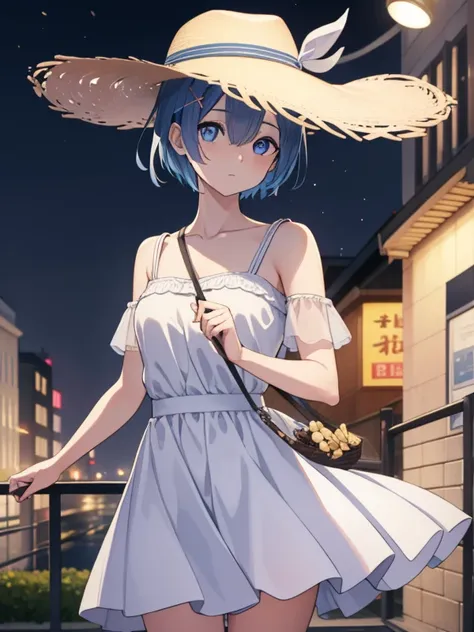 Lezerolem, Remu, Blue eyes, Blue hair, Hair Ornament, Hair over one eye, Hair Ribbon, Short hair, X Hair Ornament,White skirt integrated dress，a straw fedora hat,BREAK in the city (masutepiece:1.2), Best Quality, High resolution, Unity 8k壁纸, (Illustration:...