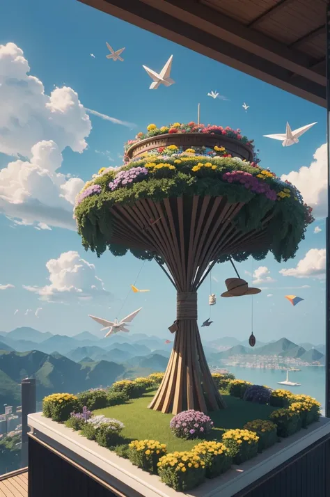 There is a suitcase with a straw hat on top, clouds, atmosphere, leaves, chrysanthemums floating in the air, paper airplanes, (miniature: 1.2), 2.5d illustration, 3d rendering, 3d modeling, bubble matt, trend in behans 3d art, trend in behans 3d art, 3d il...