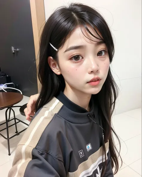 there is a young girl with a hair clip in her hair, ulzzang, wan adorable korean face, jinyoung shin, sakimichan, jaeyeon nam, she has black hair with bangs, young adorable korean face, korean girl, 8k selfie photograph, neat hair with bangs, kim doyoung, ...