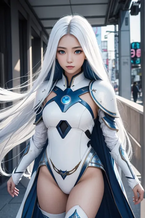 a young beautiful woman, kosmos,very_long_hair, 1girl, kosmos, solo, white_armor,best quality, ultra high res,tokyo fashion,