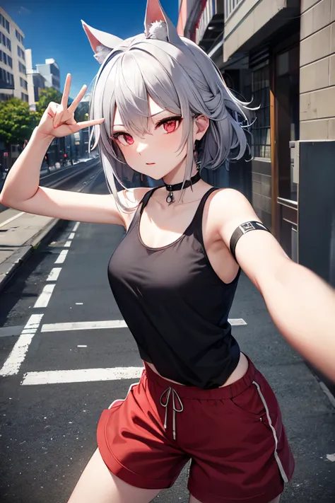 Beautiful gray hair、Beautiful red eyes、Longhaire、Tank tops、shortpants、a choker、Selfie wind、selfee、piece、piece sign