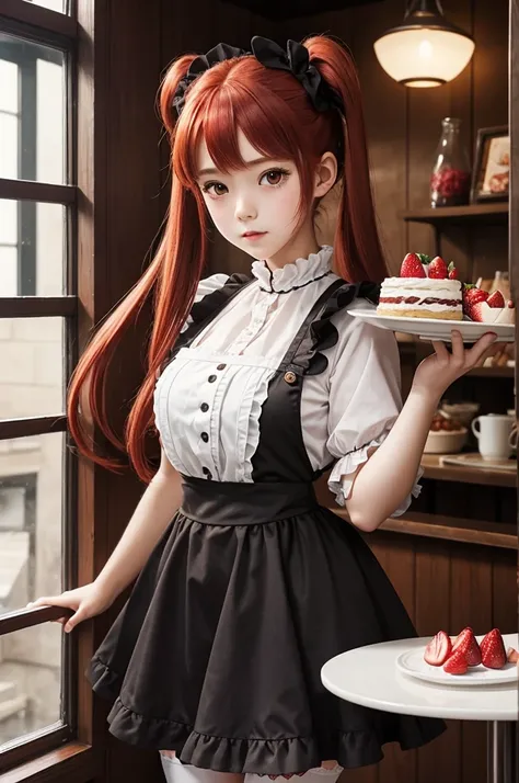 Promotional photo, the place is a coffee shop, 1 girl, 16-year-old face, waitress carrying cake to the table, red-haired twin tails, gentle face, half costume of gothic lolita and maid costume with the image of strawberries, clothes based on white,