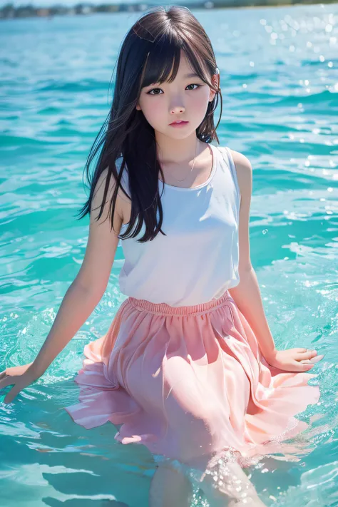 Beautiful illustration、top-quality、超A high resolution、Professional、Cute little girl s、a junior high school student、夏天、skirt by the、swim wears