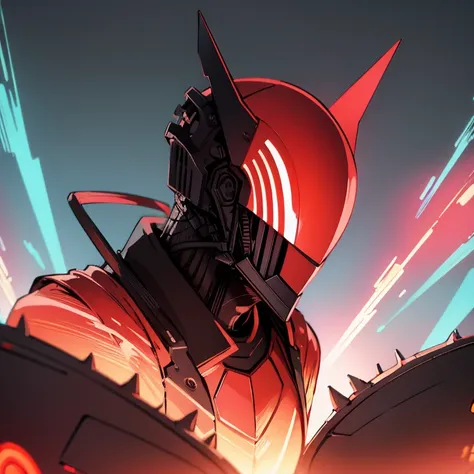 Neon red, helmet, glowing blades