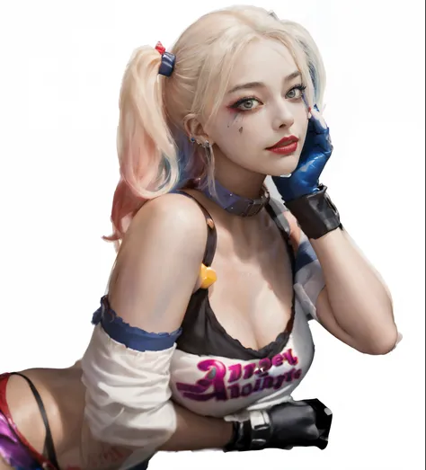 a close up of a woman in a costume on a cell phone, harley quinn, harley queen, portrait of harley quinn, of harley quinn, extremely detailed artgerm, artgerm style, ig model | artgerm,  on black harley queen, kda, style artgerm, harley quinn standing, art...