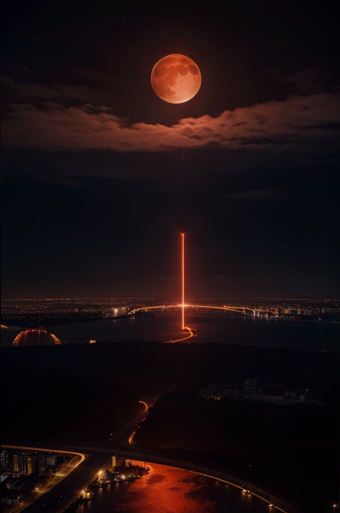 Dark night over the city, red moon, red moon with energy flow, energy tides, bad premonitions, scenery, do not want humans, there is energy flow, highly real, 4K, chiaroscuro, super high detail waiting to start