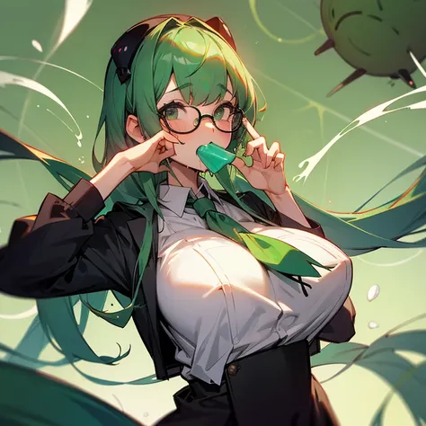 Big boba, girl, naked, green hair, school uniform, Vibrator, Bangs, Square glasses, sperm in mouth