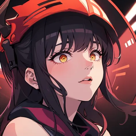 demon girl, succubus, anime girl, neon red, open helmet, yellow eyea