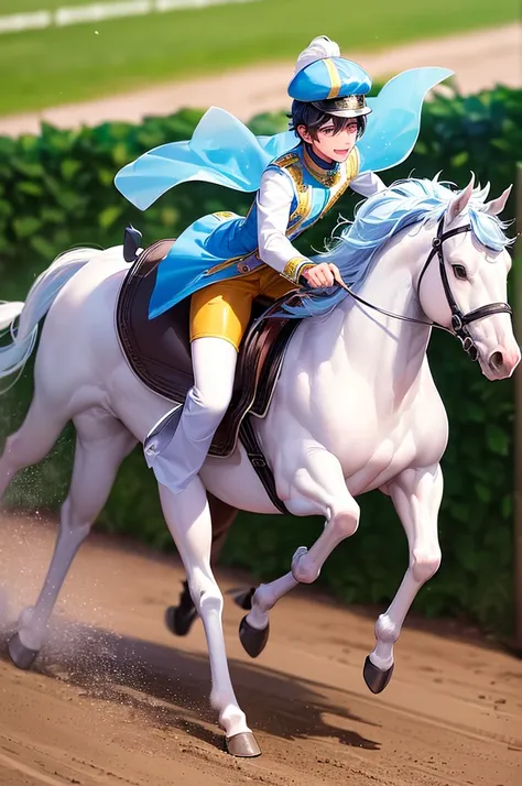 (young man are Excited Fever Crazy atmosphere horse racing jockey with dark hait:1.2), full body, look of delight, 
(He is galloping on a White unicorn pegasus with sky blue hair),
(he wears Horse Riders colorful Costume and Riders cap:1.4), 
Dynamic actio...