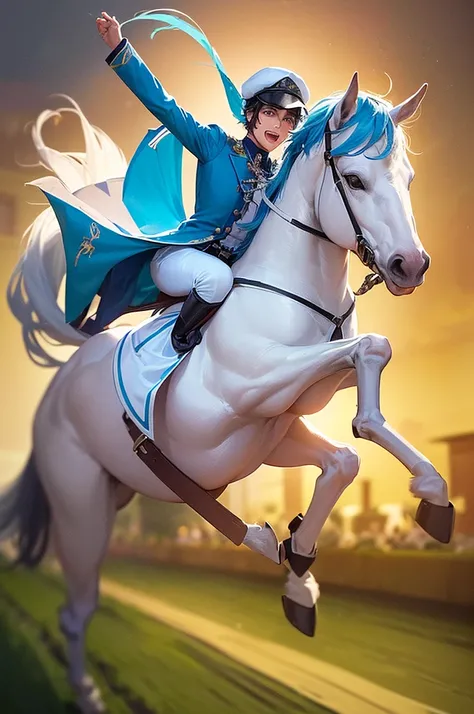 (young man are Excited Fever Crazy atmosphere horse racing jockey with dark hait:1.2), full body, look of delight, 
(He is galloping on a White unicorn pegasus with sky blue hair),
(he wears Horse Riders colorful Costume and Riders cap:1.4), 
Dynamic actio...