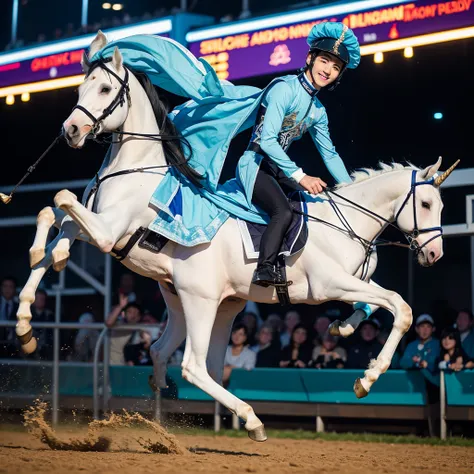 (young man are Excited Fever Crazy atmosphere horse racing jockey with dark hait:1.2), full body, look of delight, 
(He is galloping on a White unicorn pegasus with sky blue hair),
(he wears Horse Riders colorful Costume and Riders cap:1.4), 
Dynamic actio...