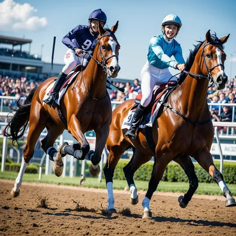 (young man are Excited Fever Crazy atmosphere horse racing jockey with dark hait:1.2), full body, look of delight, 
(He is galloping on a White unicorn pegasus with sky blue hair),
(he wears Horse Riders colorful Costume and Riders cap:1.4), 
Dynamic actio...