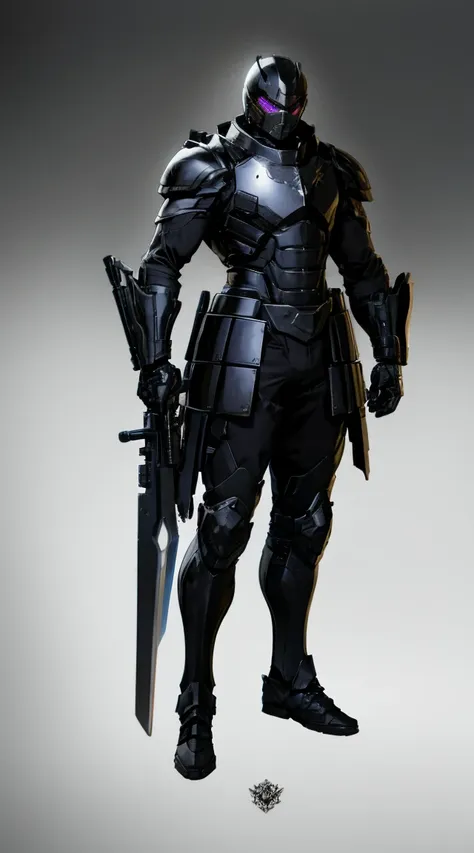 homem&com.black armor with long-barreled weapon in hands