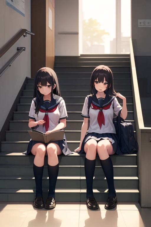 1girl in, School stairs, School uniform, Multiple girls, Sitting, 2girls, School bag,, masutepiece, Best Quality, Highly detailed