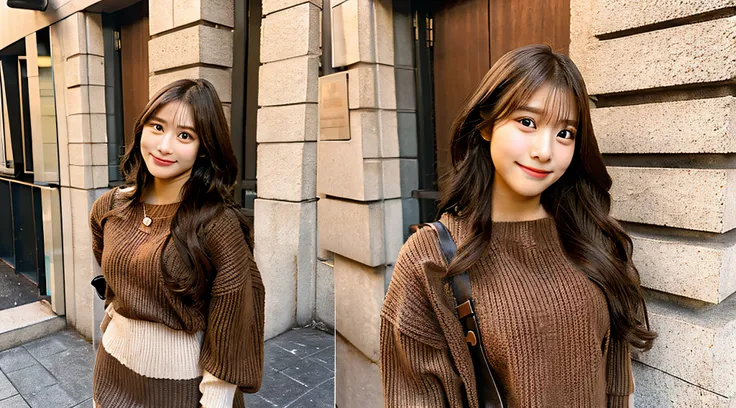 Cute College Girl, 18 years old, She is wearing a brown sweater and miniskirt..