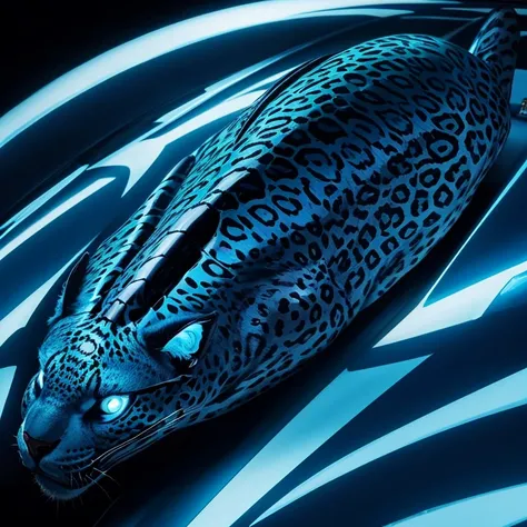 Blue alien shapeshifting into a jaguar with glowing blue stripes