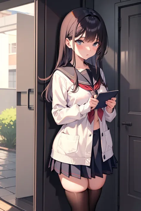 1girl in, lockser, school uniform, hold a letter,, masutepiece, best quality, highly detailed