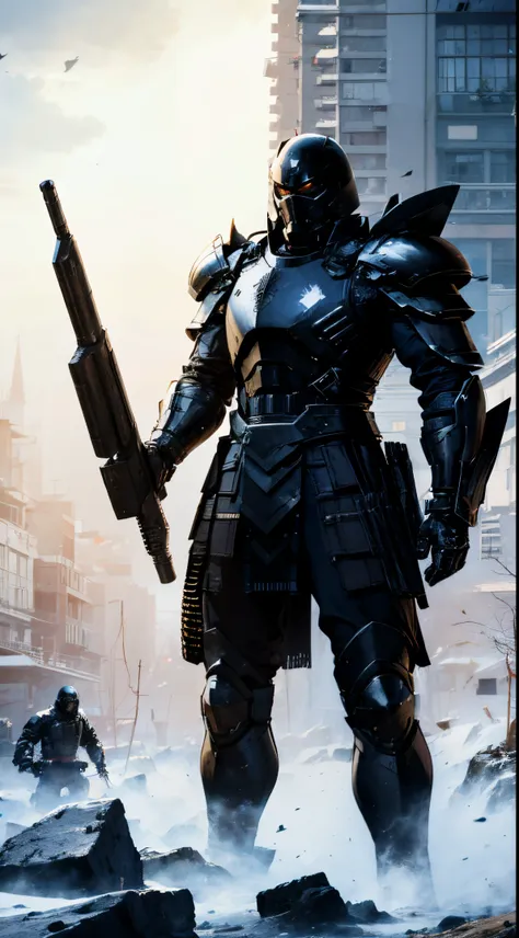 homem&com.black armor with long-barreled weapon in hands