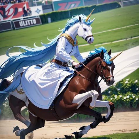 (young lady is Excited Fever Crazy atmosphere horse racing jockey with dark hait:1.2), full body, look of delight, 
beautiful maidenhair rider,
(she is galloping on a White unicorn pegasus with sky blue hair:1.4),
(she wears Horse Riders colorful Costume a...