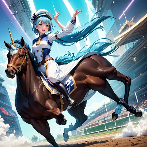 (young lady is Excited Fever Crazy atmosphere horse racing jockey with dark hait:1.2), full body, look of delight, 
beautiful maidenhair rider,
(she is galloping on a White unicorn pegasus with sky blue hair:1.4),
(she wears Horse Riders colorful Costume a...