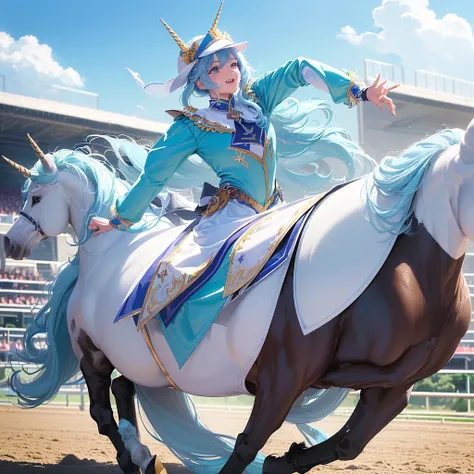 (young lady is Excited Fever Crazy atmosphere horse racing jockey with dark hait:1.2), full body, look of delight, 
beautiful maidenhair rider,
(she is galloping on a White unicorn pegasus with sky blue hair:1.4),
(she wears Horse Riders colorful Costume a...