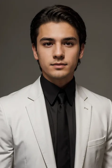 professional headshot of a young mexican white guy wearing a full black suit