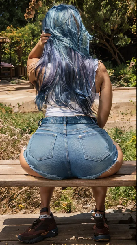 arafed woman sitting on a bench with her back to the camera,  wearing shorts, booty shorts, waist - shot, thick thigs, wearing denim short shorts, round thighs, thick thighs, jean shorts, exposed thighs, short shorts, hot-pants, view from behind, denim hot...