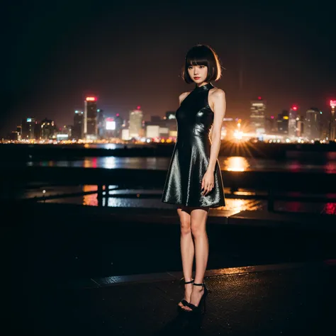 8k,4k,intricate details, RAW photo, ultra realistic,best quality,masterpiece,ultra detailed,high resolution,ayano omoto, 1girl,solo, outdoors,beach background, bob cut hair, shiny,tight long black  dress,night city,slender,show high heels