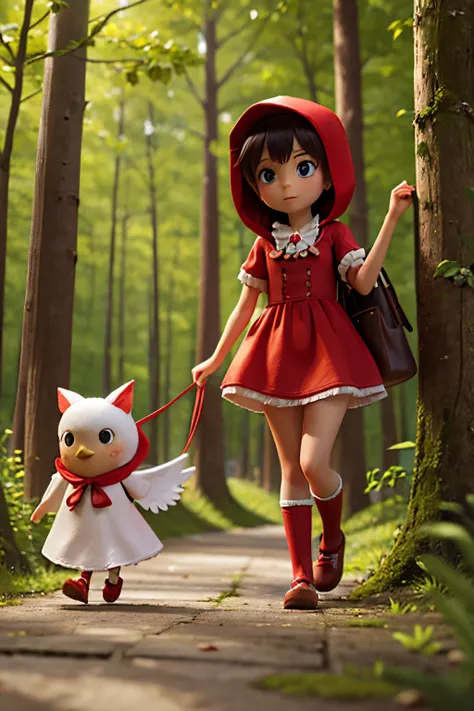 Little Red Riding Hood and the chick going for a walk in the forest together