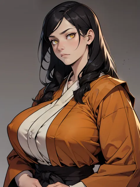 black hair yellow eyes sad expressionless muscular girl huge breasts pale skin monk monk