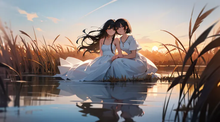 Sitting, the setting sun, Fragmite, masutepiece, Best Quality, 2girls, Outdoors, Black hair, White Dress, In the river, White Dress, Looking at each other, Yuri